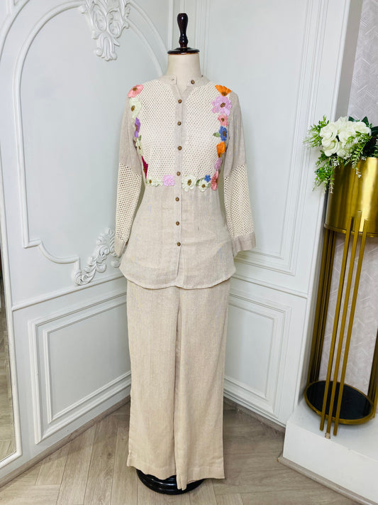 Beige Floral Embroidered Co-Ord Set for Women