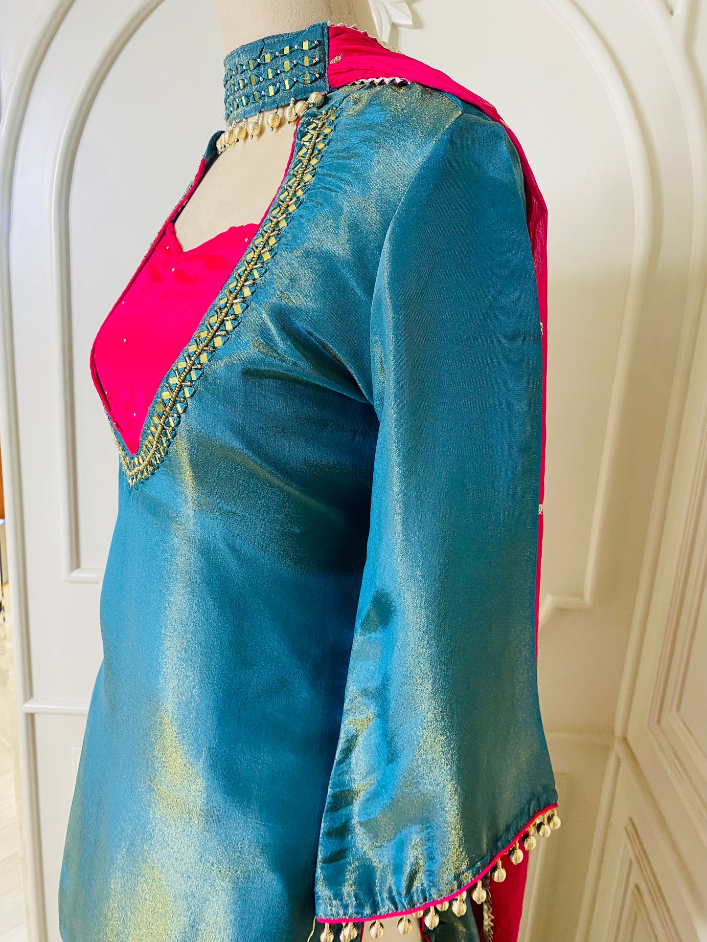 Teal Silk Kurta Sharara Set with Pink Dupatta