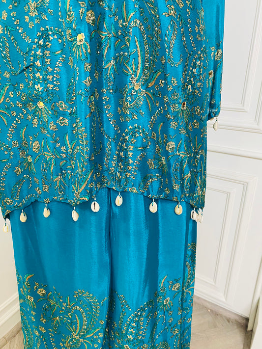 Teal Silk Kurta Sharara Set with Blue Dupatta