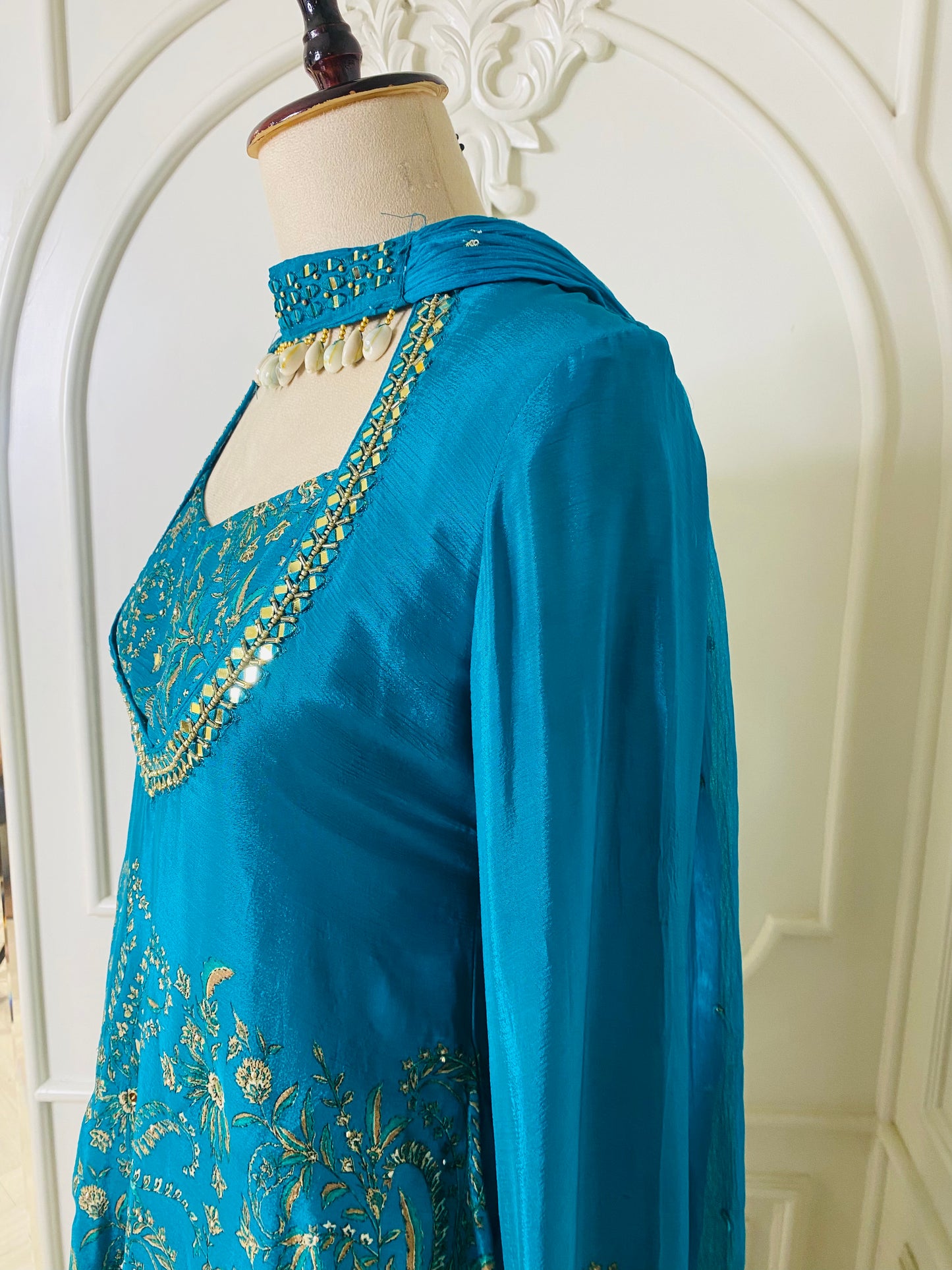 Teal Silk Kurta Sharara Set with Pink Dupatta