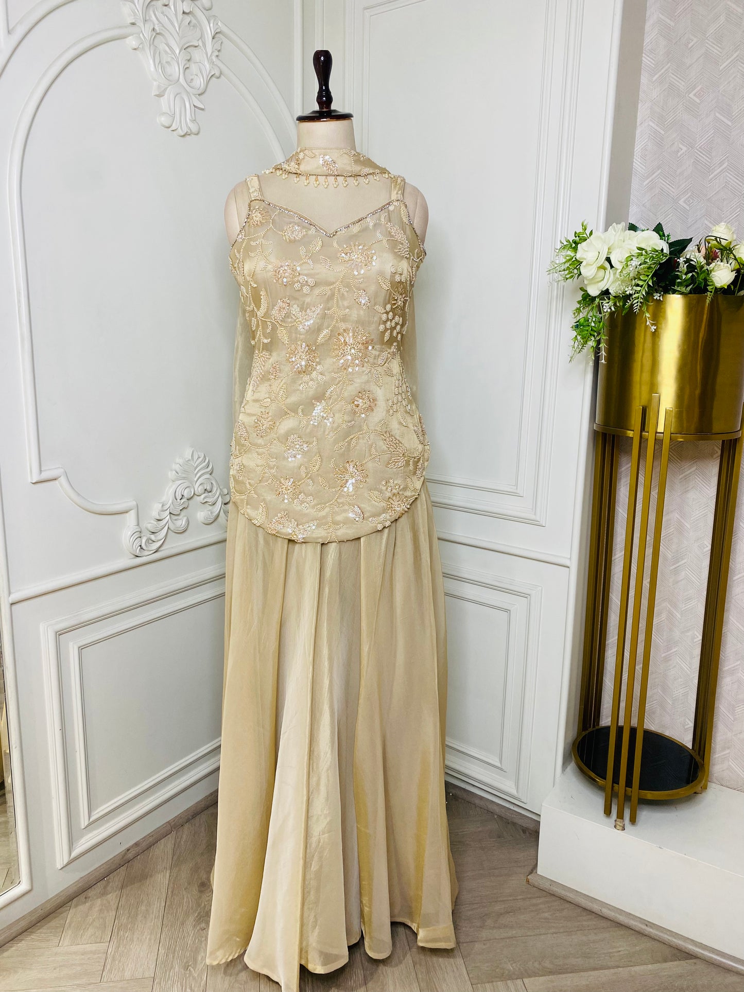 Champagne Embroidered Designer Gown with Floral Handwork