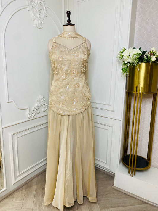 Champagne Embroidered Designer Gown with Floral Handwork