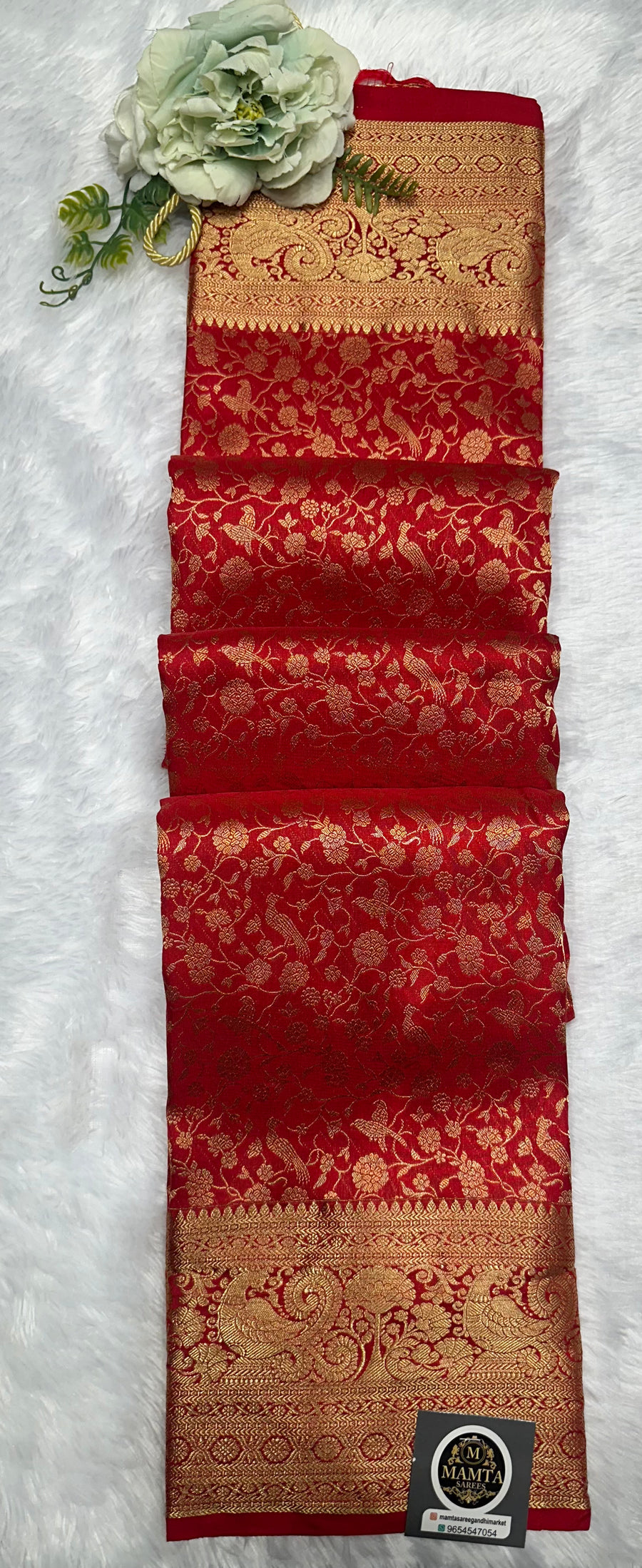 Red Banarasi Silk Saree with Golden Zari Work - close-up embroidery detail