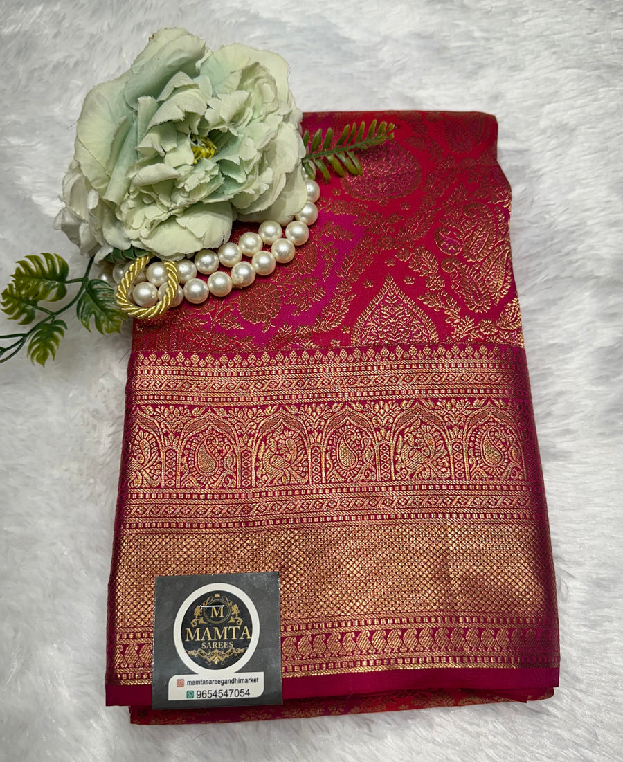 Magenta Banarasi Silk Saree with Rich Zari Work - front view