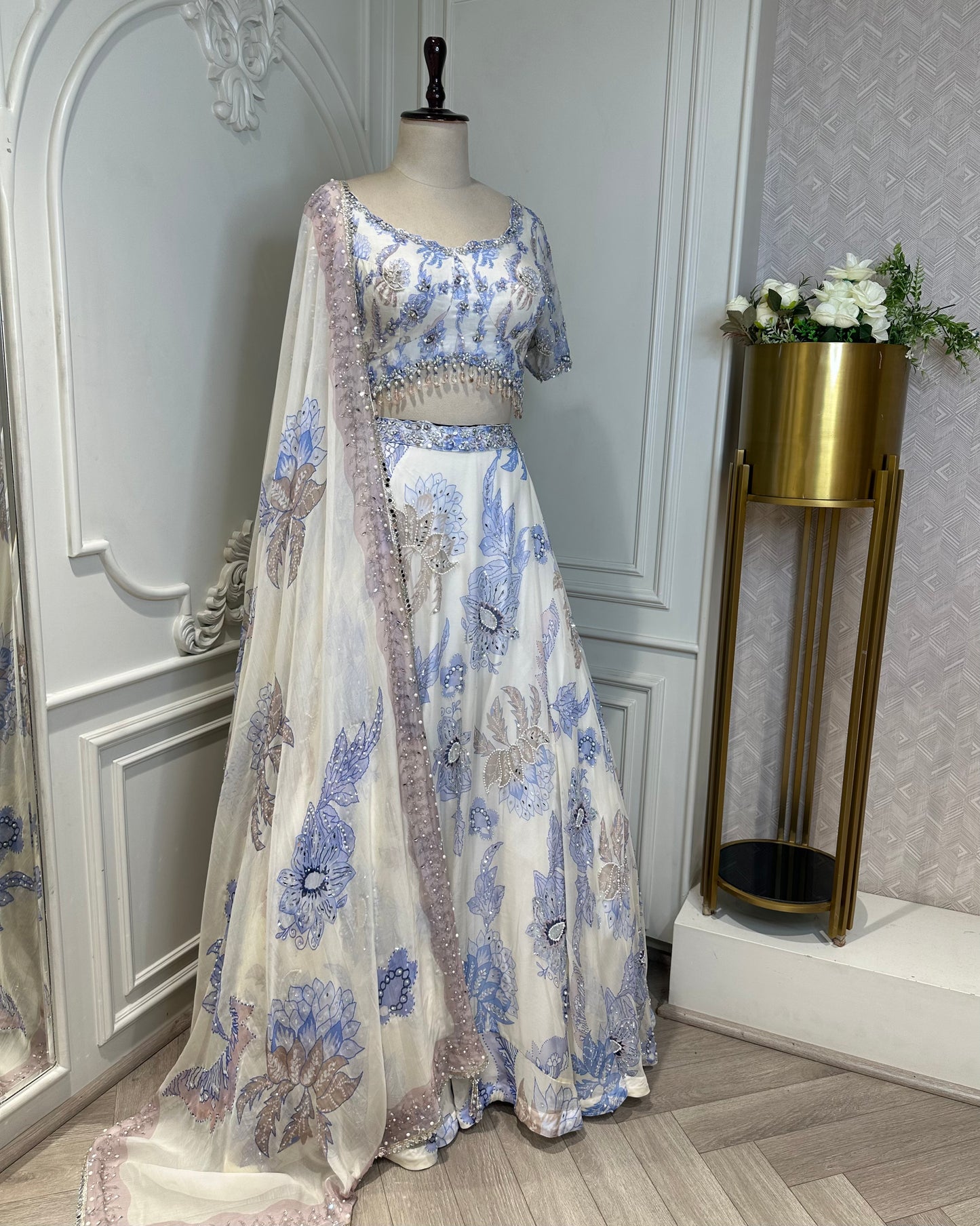 Ivory Floral Embroidered Lehenga Set with Sequined Dupatta