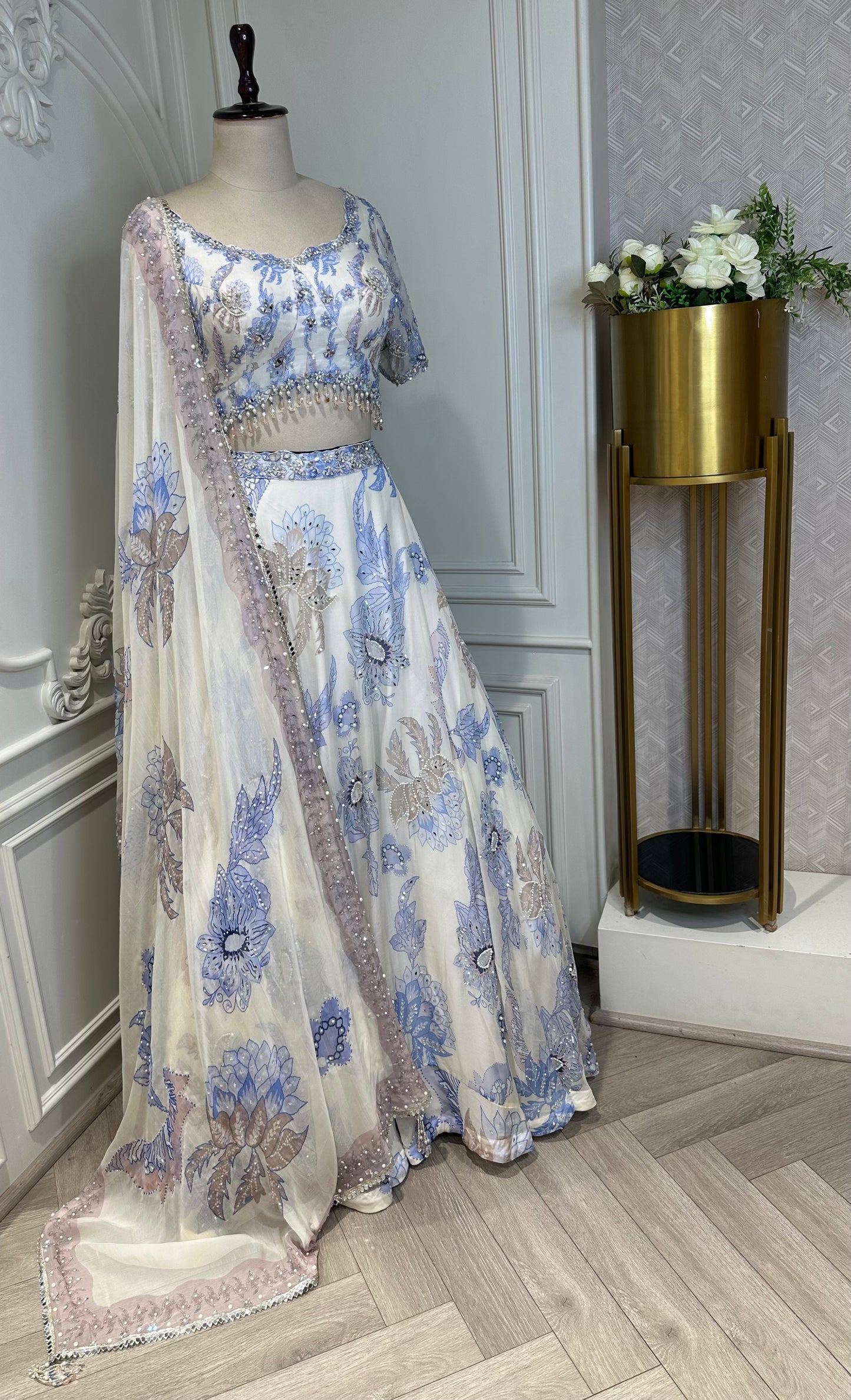 Ivory Floral Embroidered Lehenga Set with Sequined Dupatta