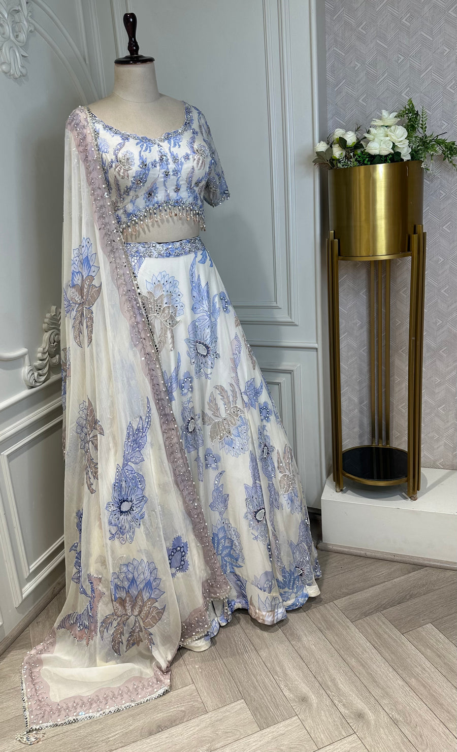 Ivory Floral Embroidered Lehenga Set with Sequined Dupatta - front view
