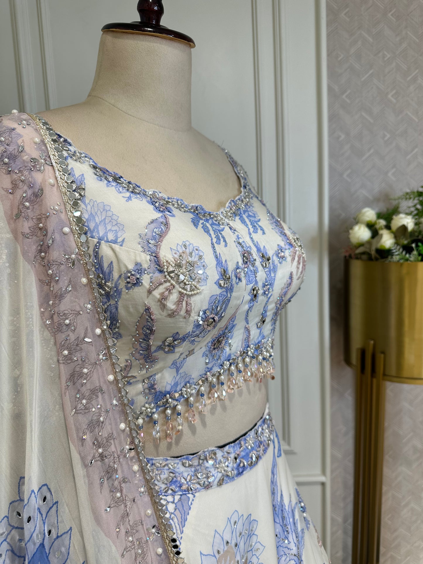 Ivory Floral Embroidered Lehenga Set with Sequined Dupatta