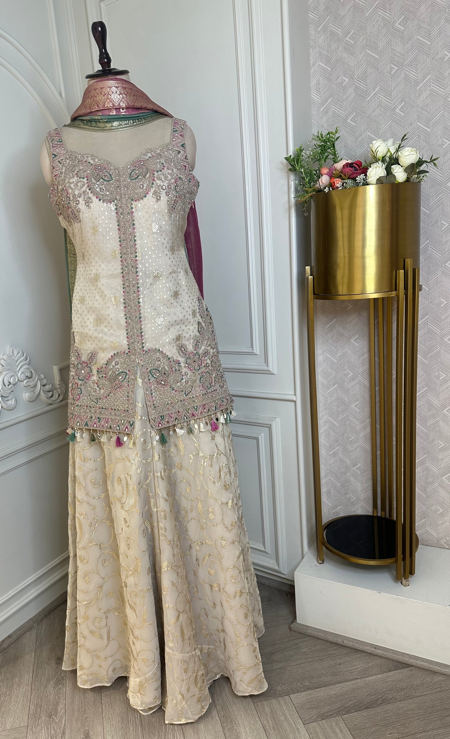 Ivory Hand Embroidered Designer Suit Set with Multicolor Floral Work & Dupatta