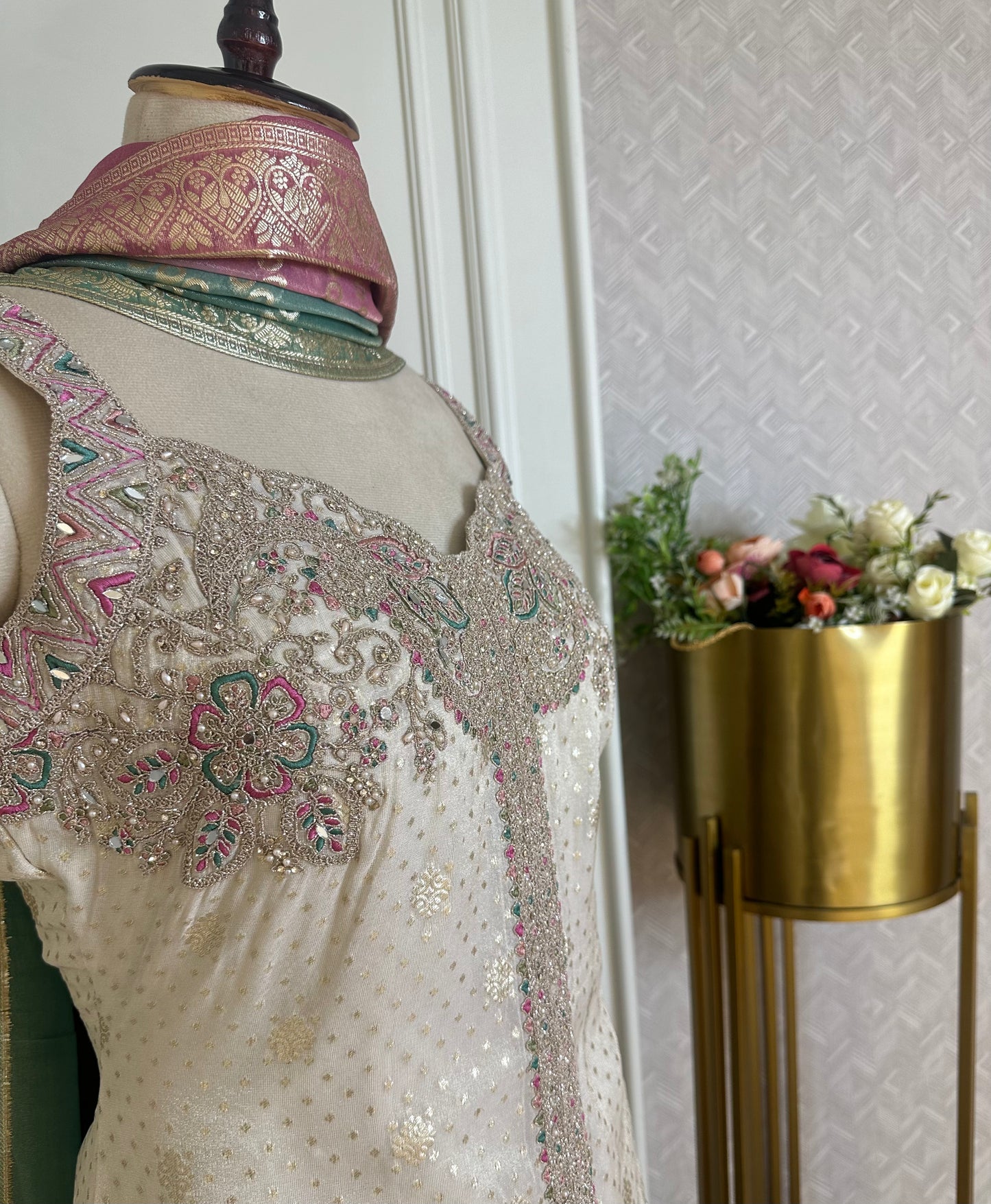 Ivory Hand Embroidered Designer Suit Set with Multicolor Floral Work & Dupatta