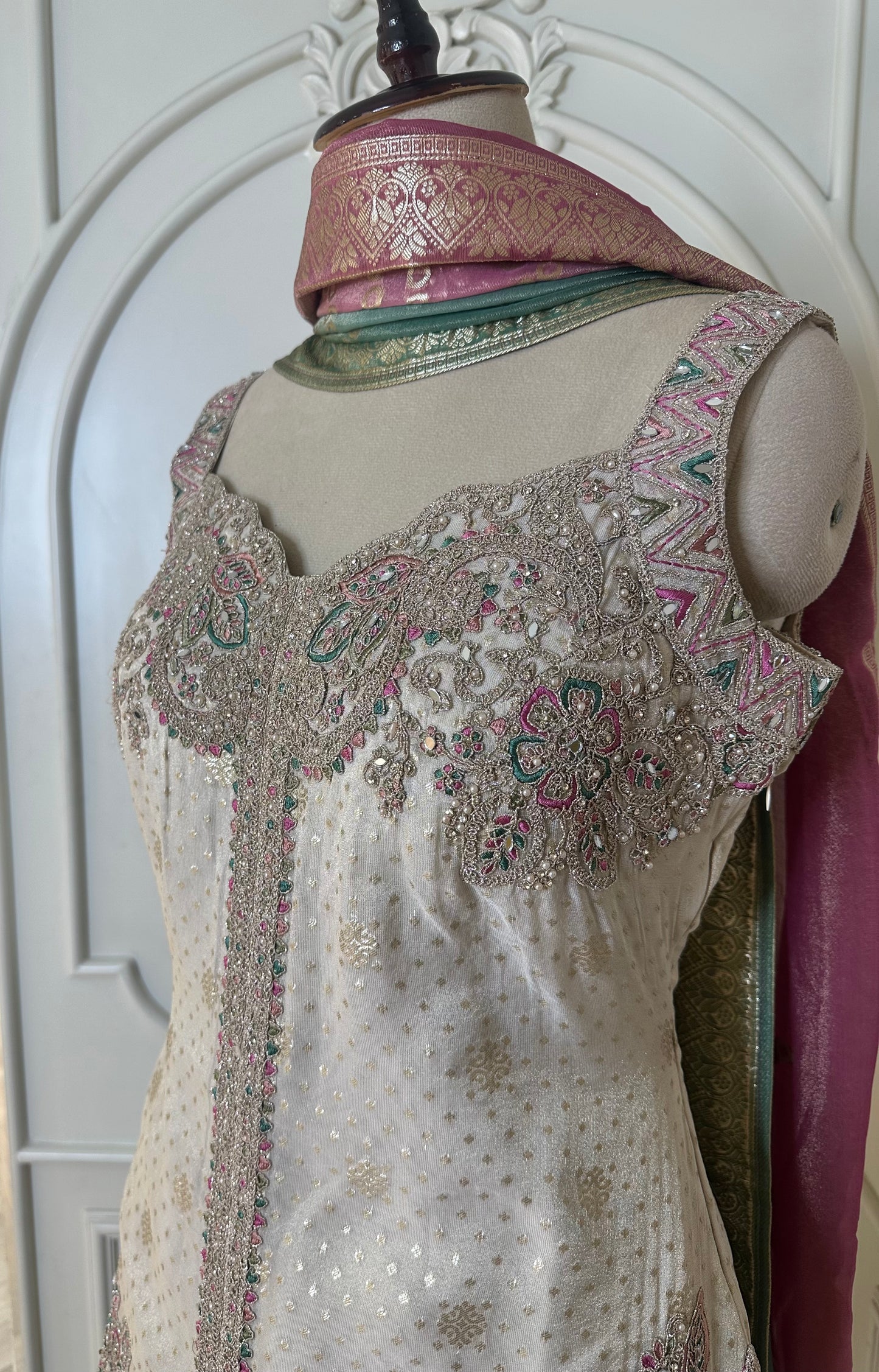 Ivory Hand Embroidered Designer Suit Set with Multicolor Floral Work & Dupatta