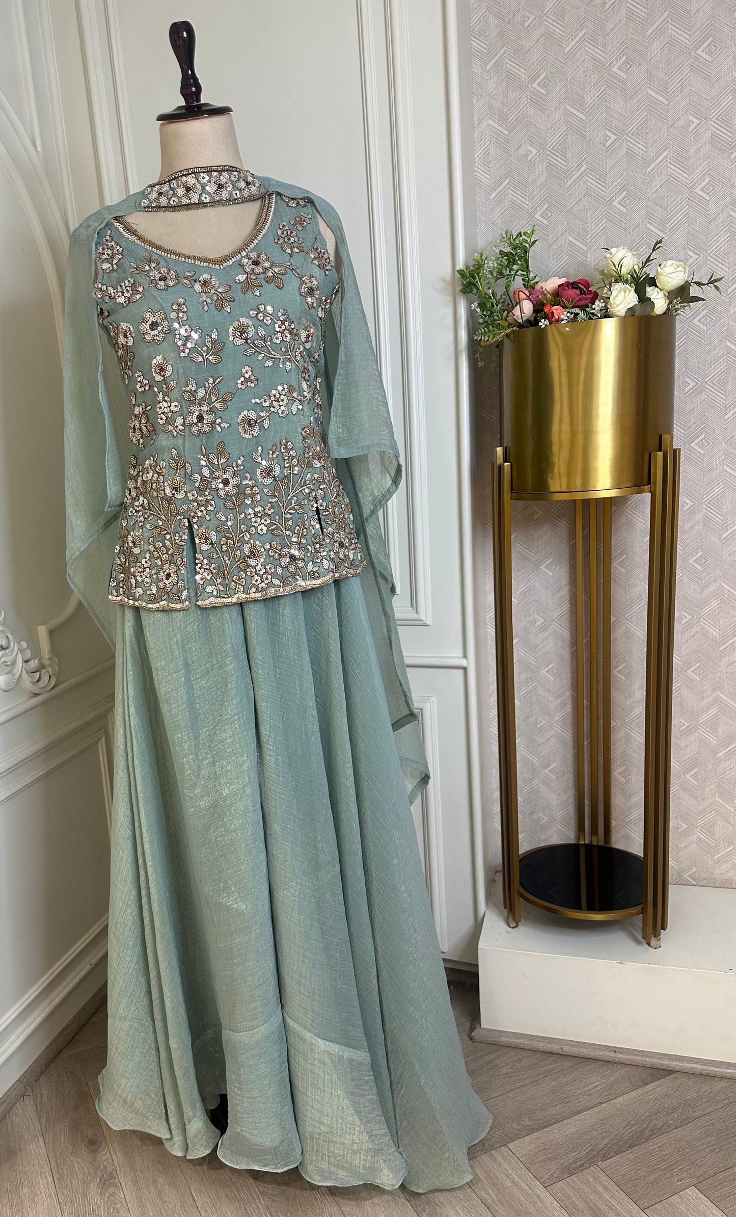 Sea Green Hand Embroidered Designer Suit Set with Dupatta