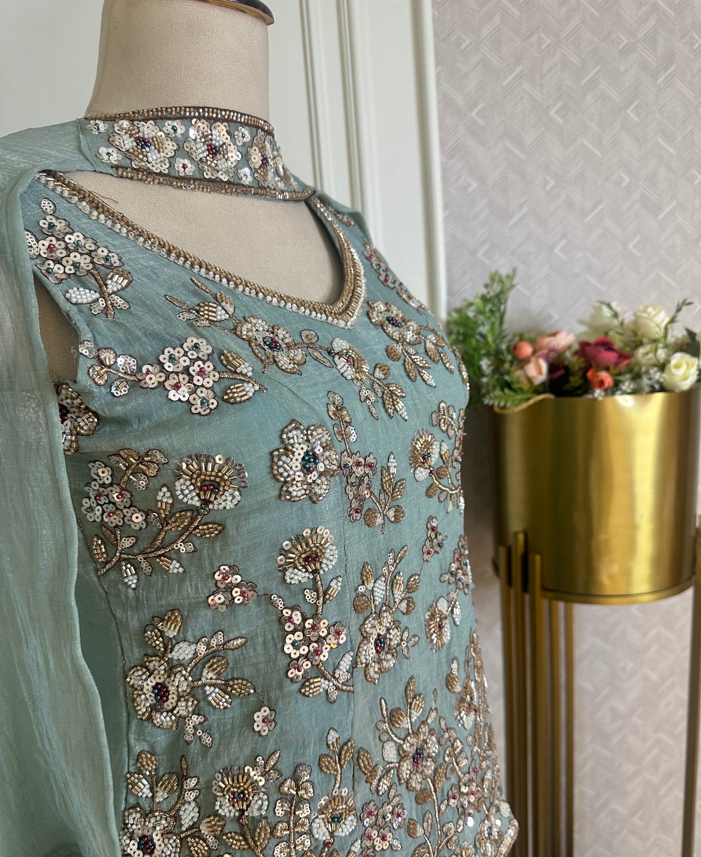 Sea Green Hand Embroidered Designer Suit Set with Dupatta