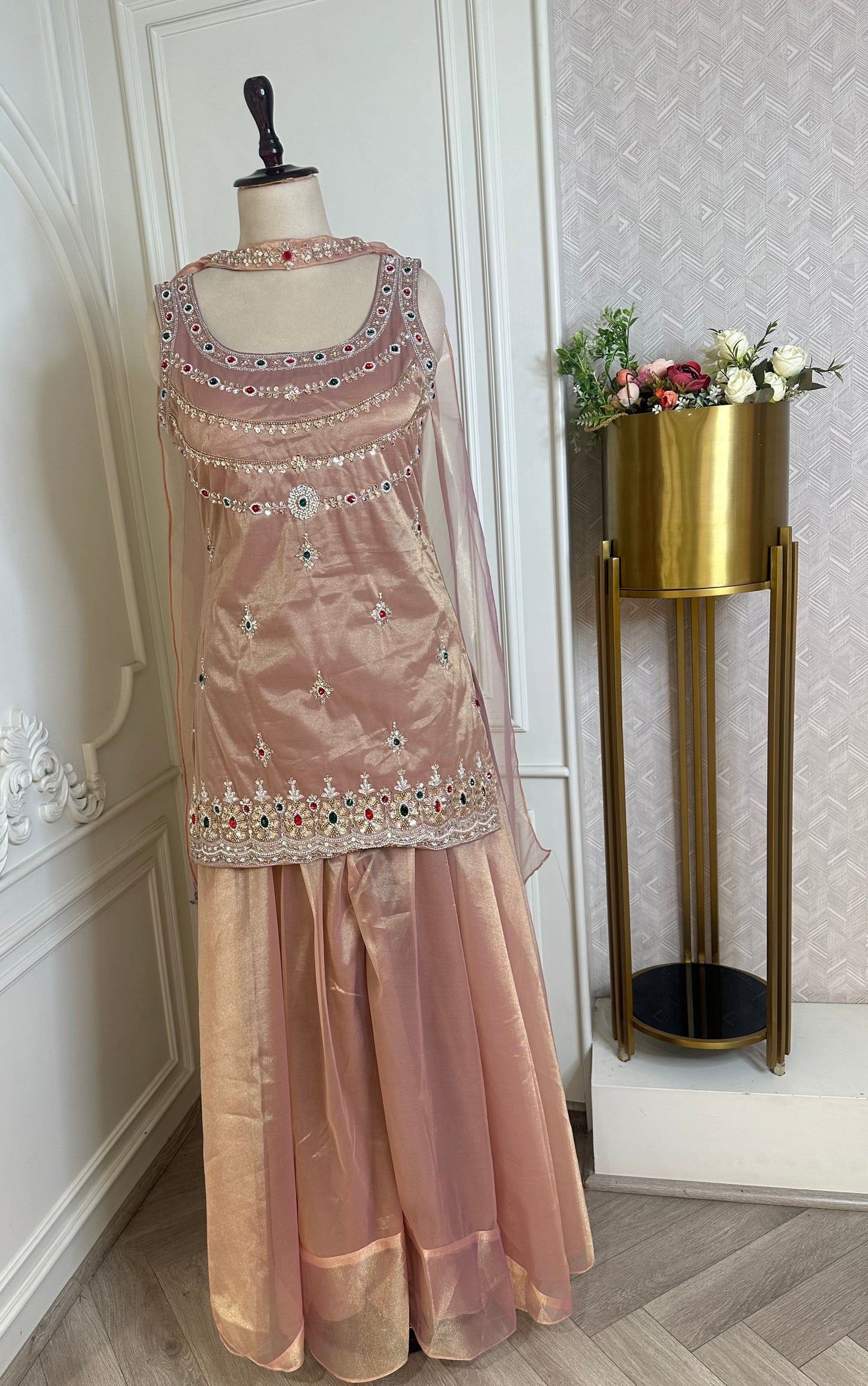 Peach Designer Suit Set with Stone Embroidery