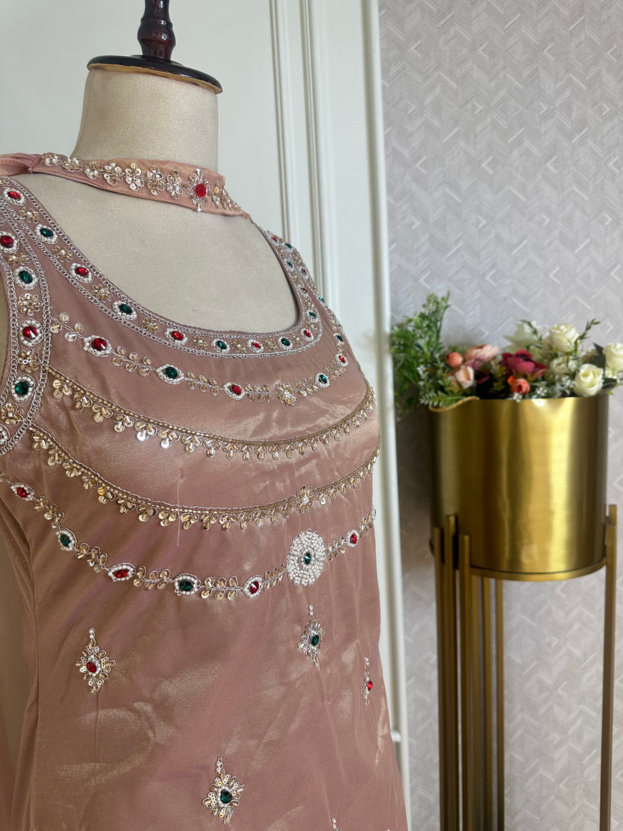 Peach Designer Suit Set with Stone Embroidery - close-up embroidery detail