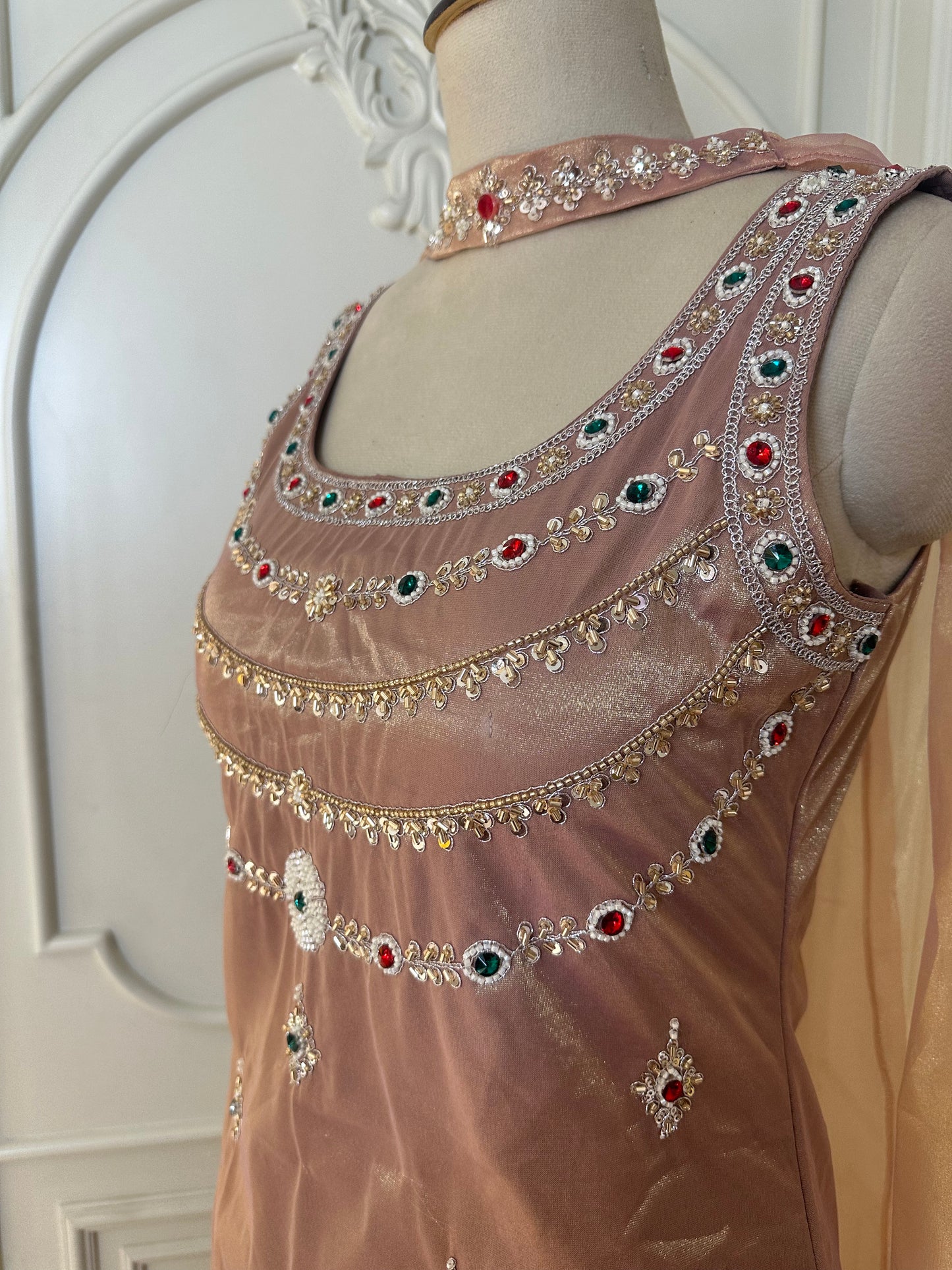Peach Designer Suit Set with Stone Embroidery