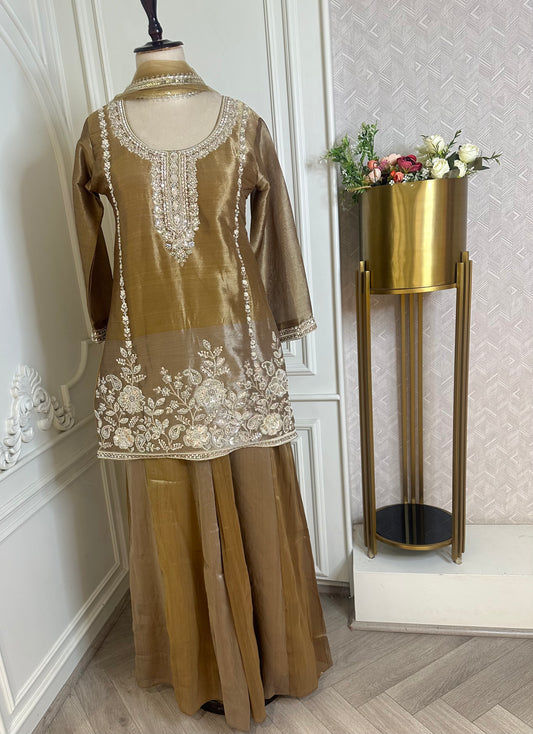 Golden Beige Designer Suit Set with Hand Embroidery