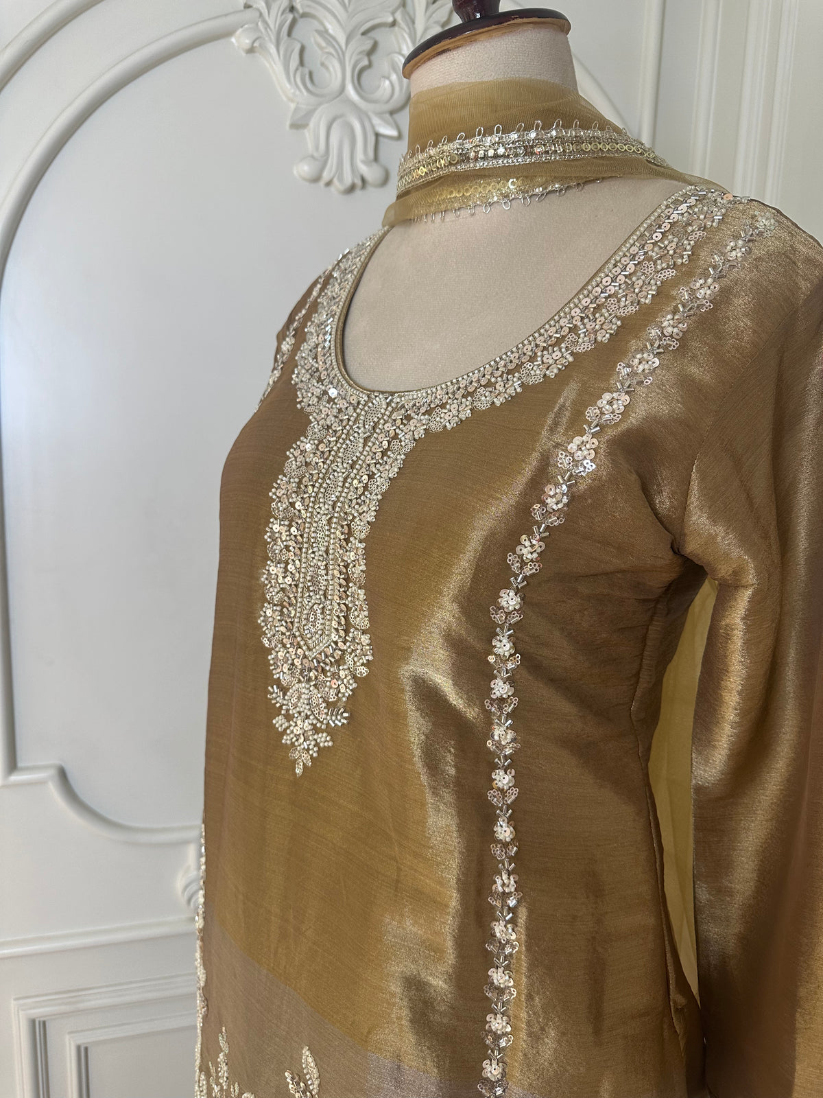 Golden Beige Designer Suit Set with Hand Embroidery - back view