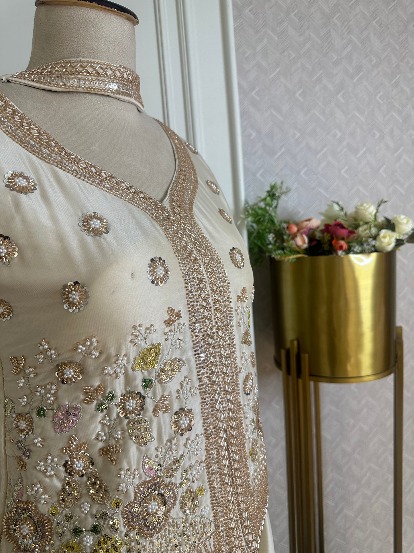 Ivory Floral Embroidered Designer Suit Set with Dupatta