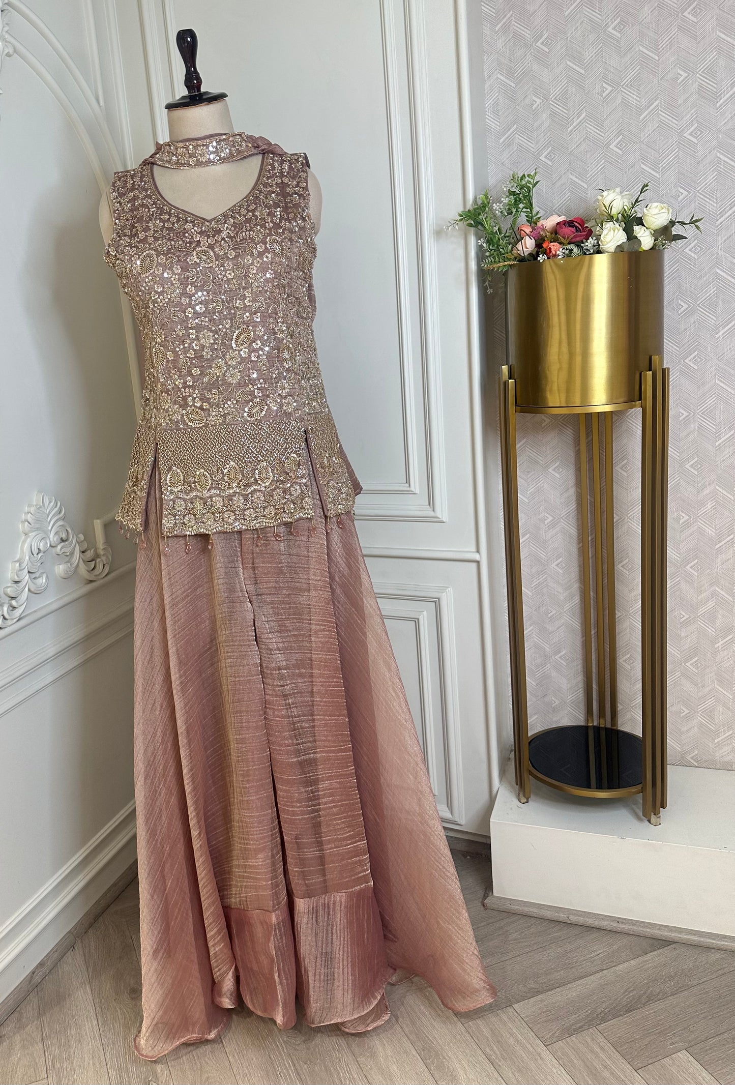 Dusty Rose Designer Sharara Suit Set with Heavy Sequin Embroidery