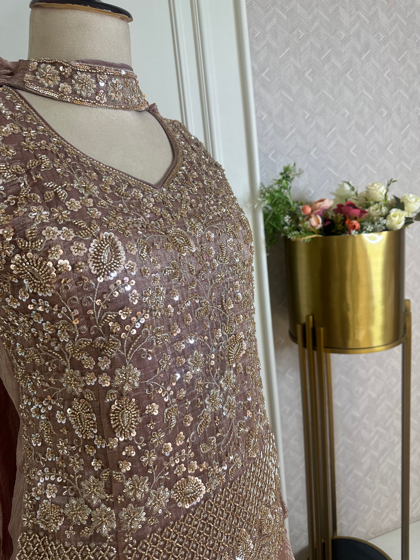 Dusty Rose Designer Sharara Suit Set with Heavy Sequin Embroidery