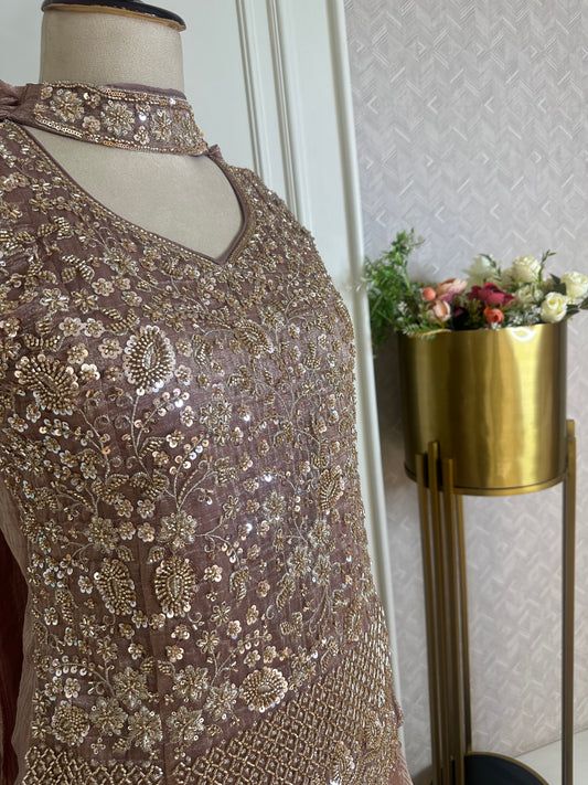Dusty Rose Designer Sharara Suit Set with Heavy Sequin Embroidery