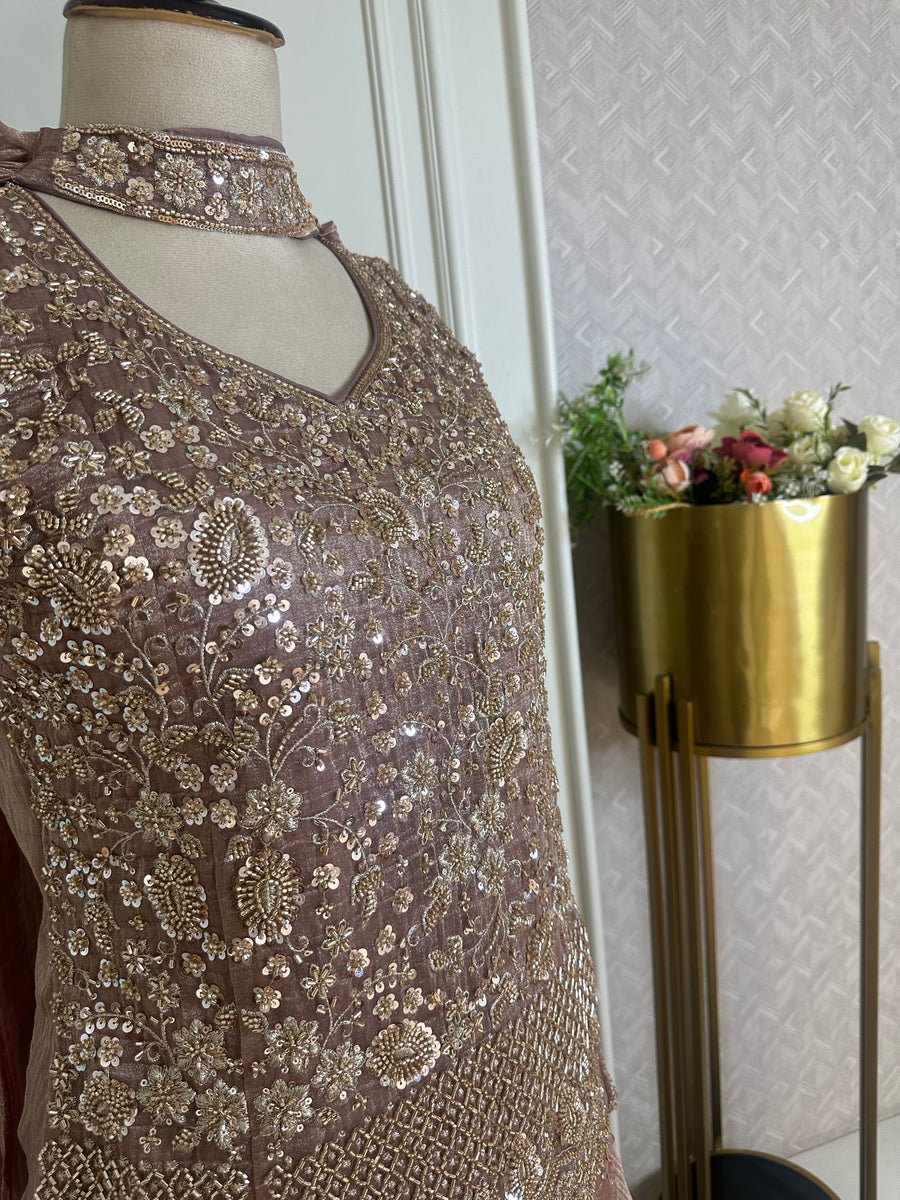 Dusty Rose Designer Sharara Suit Set with Heavy Sequin Embroidery - close-up embroidery detail