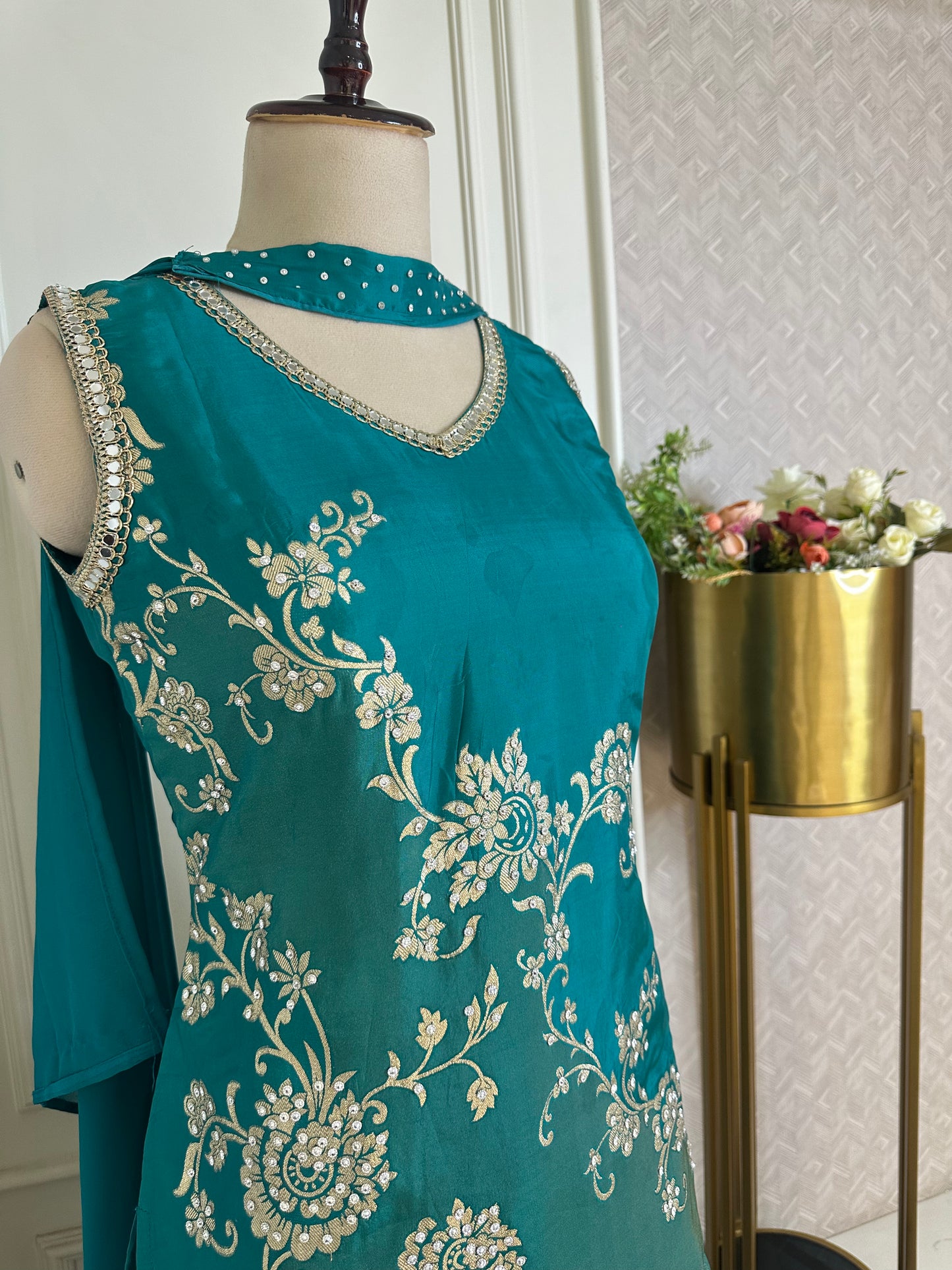 Teal Green Embroidered Designer Suit Set with Dupatta