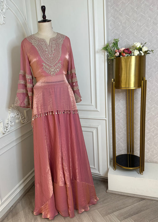 Blush Pink Designer Sharara Suit Set with Embroidered Neckline