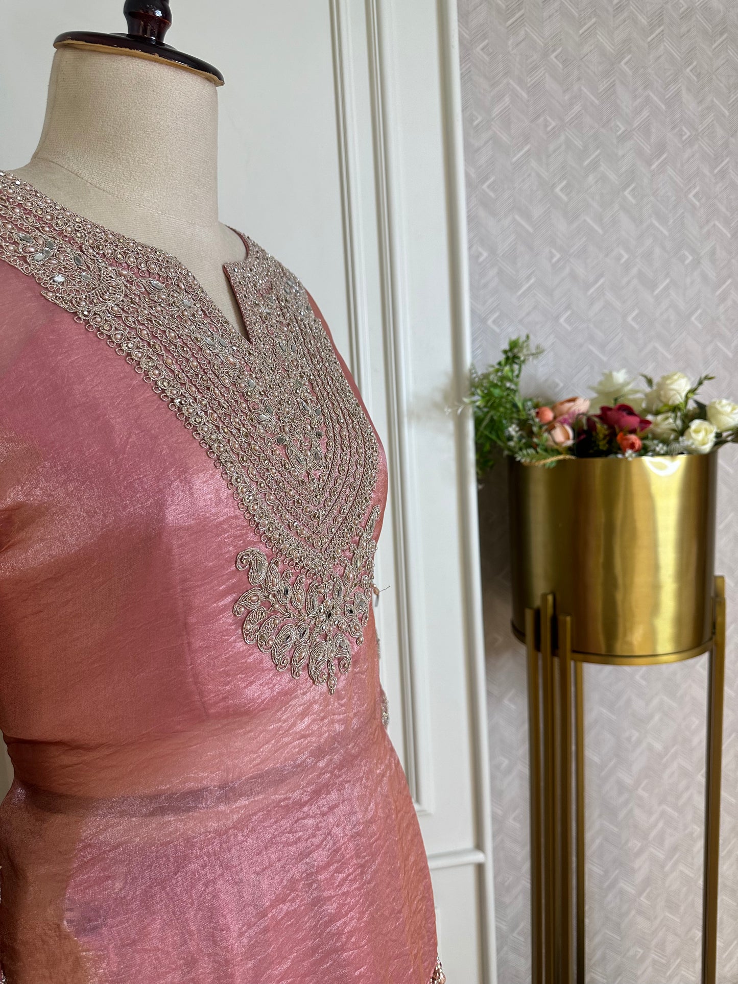 Blush Pink Designer Sharara Suit Set with Embroidered Neckline