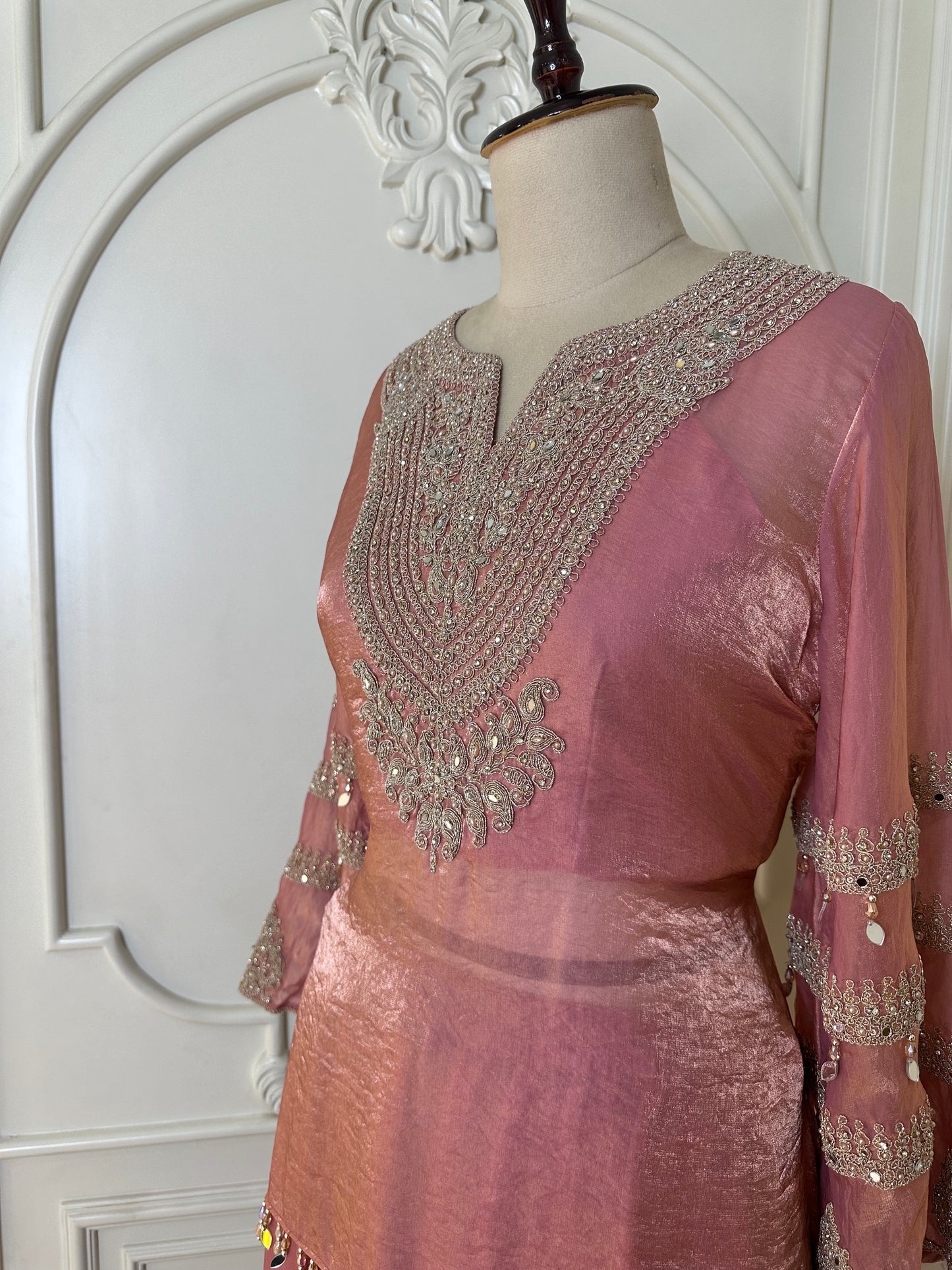 Blush Pink Designer Sharara Suit Set with Embroidered Neckline