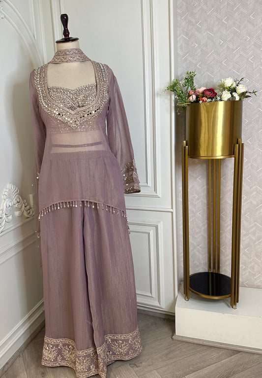 Dusty Lavender Designer Sharara Suit Set with Heavy Embroidery