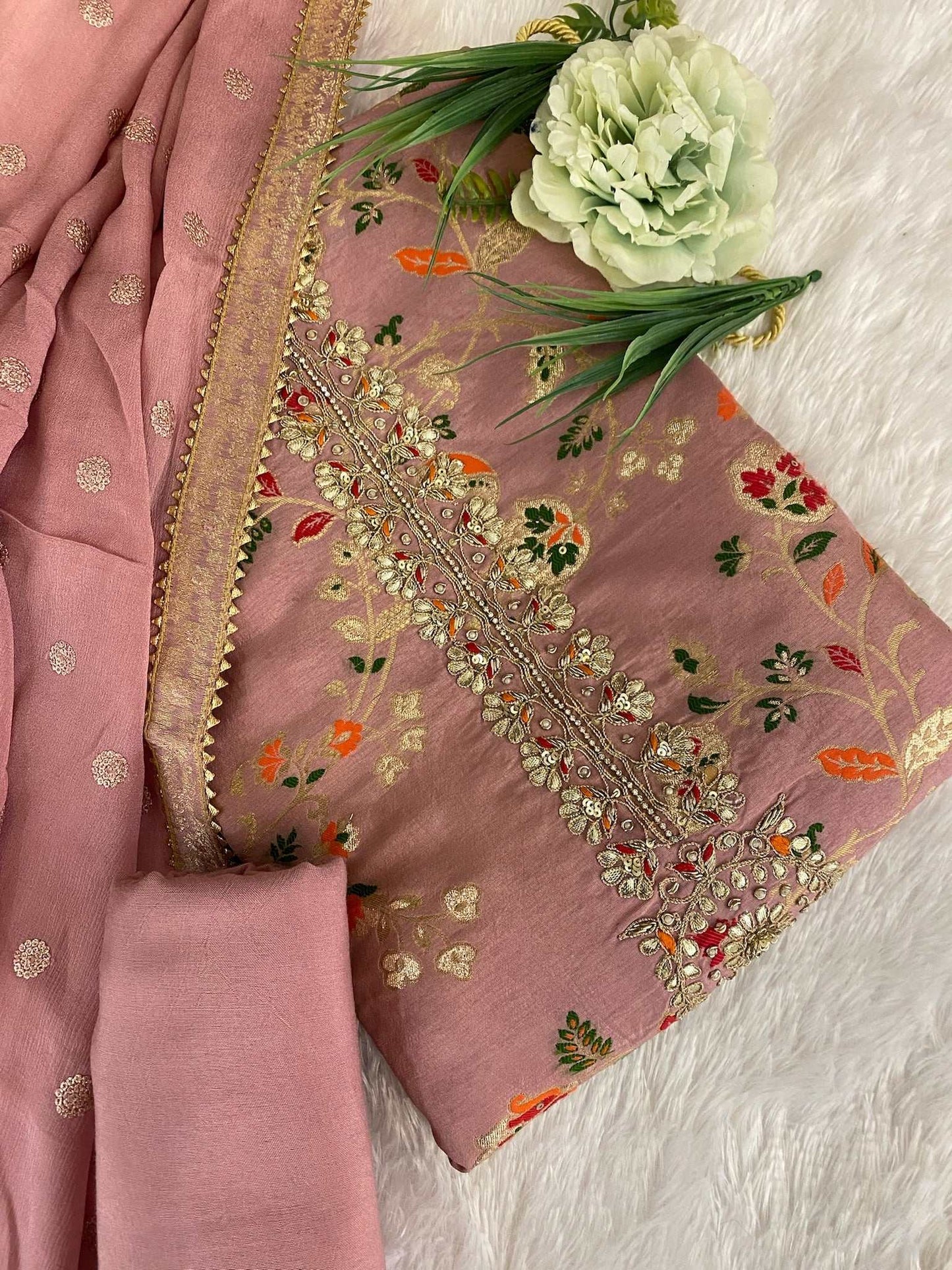 Pink Thread work Soft Silk Suit