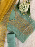 Sky Blue Chanderi Suit With Organza Dupatta