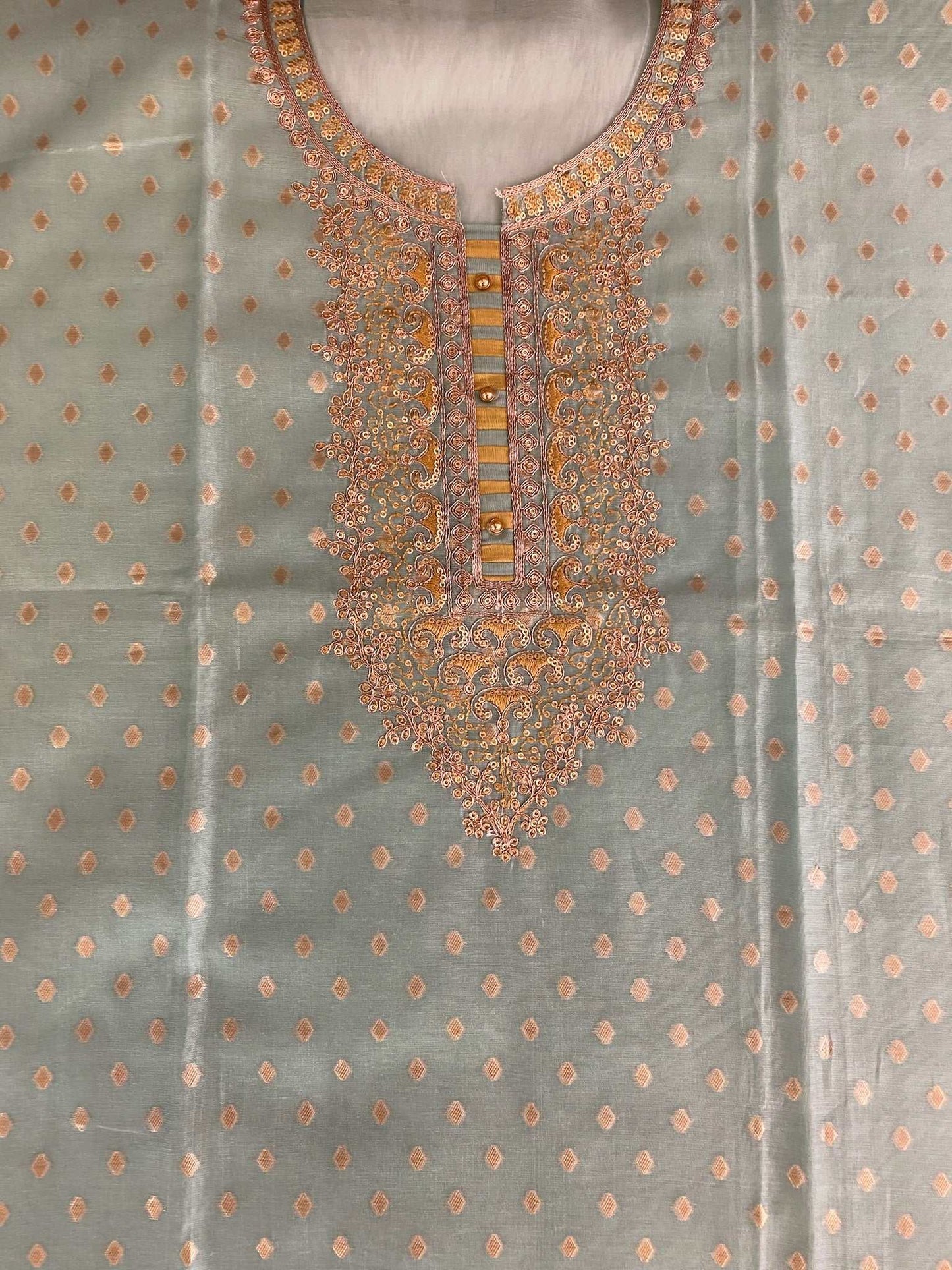 Sky Blue Chanderi Suit With Organza Dupatta