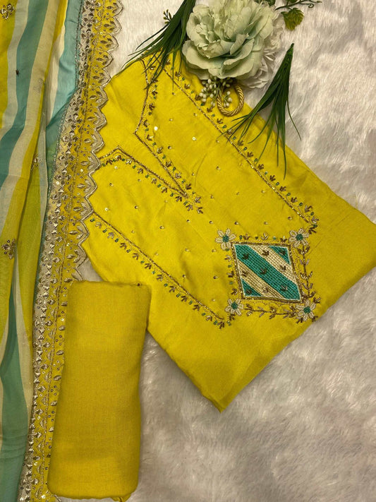 Yellow Muslin Suit With Organza Dupatta