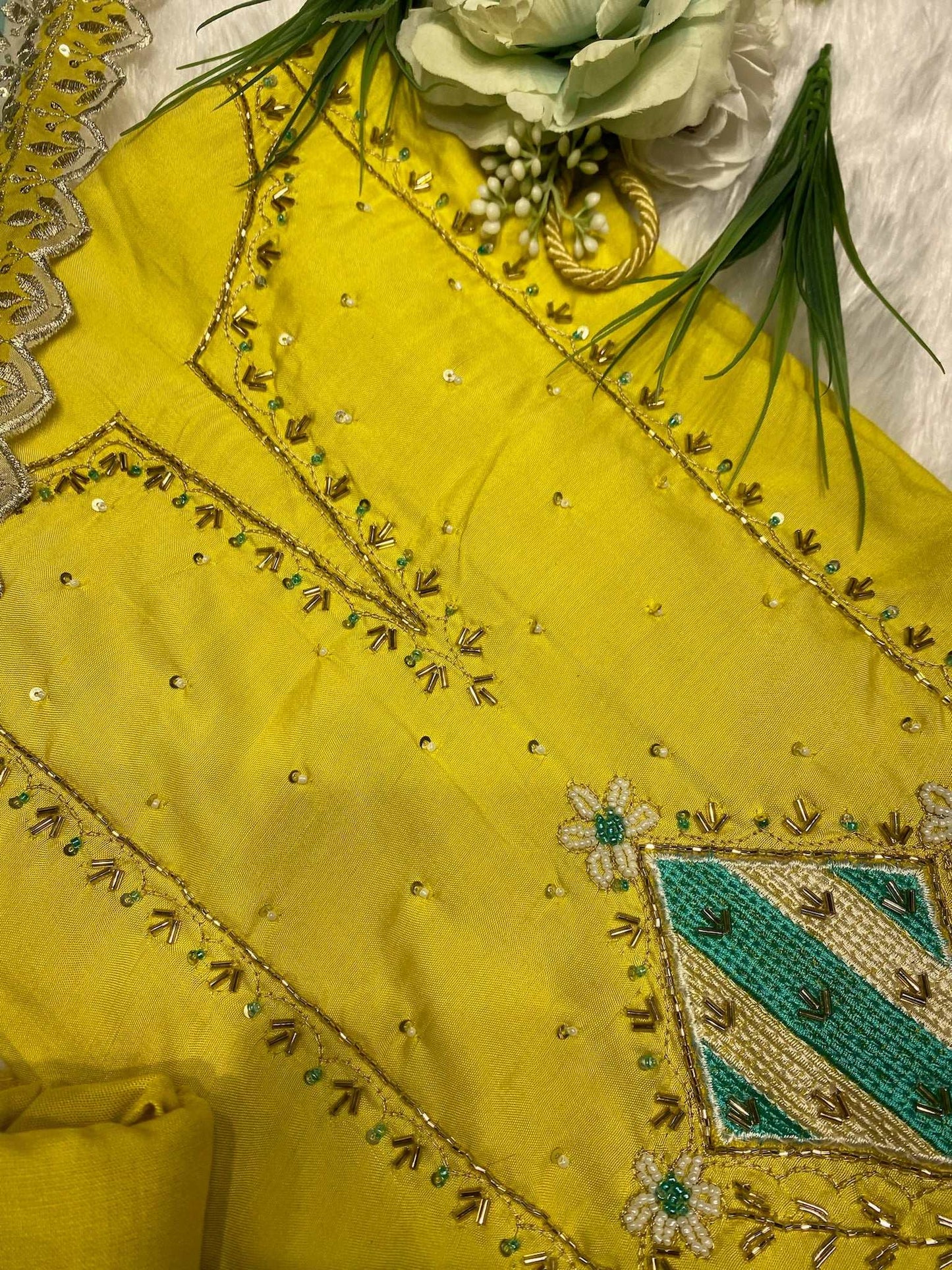 Yellow Muslin Suit With Organza Dupatta