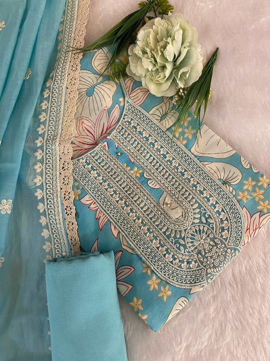 SKY BLUE  PRINTED SEMI CREPE SUIT