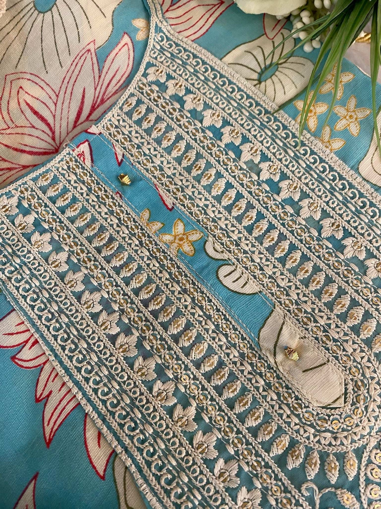 SKY BLUE  PRINTED SEMI CREPE SUIT