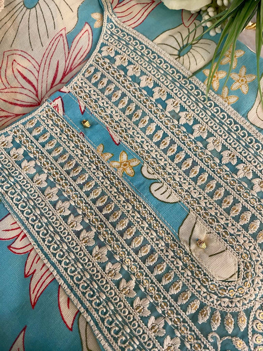 SKY BLUE  PRINTED SEMI CREPE SUIT