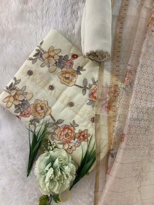 IVORY FLORAL PATCH WORK MODAL SUIT