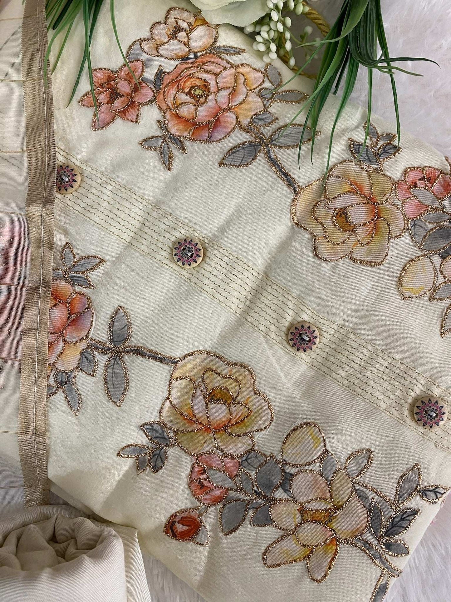IVORY FLORAL PATCH WORK MODAL SUIT