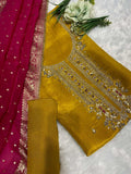 SOFT SILK MUSTARD SUIT PINK DUPTTA