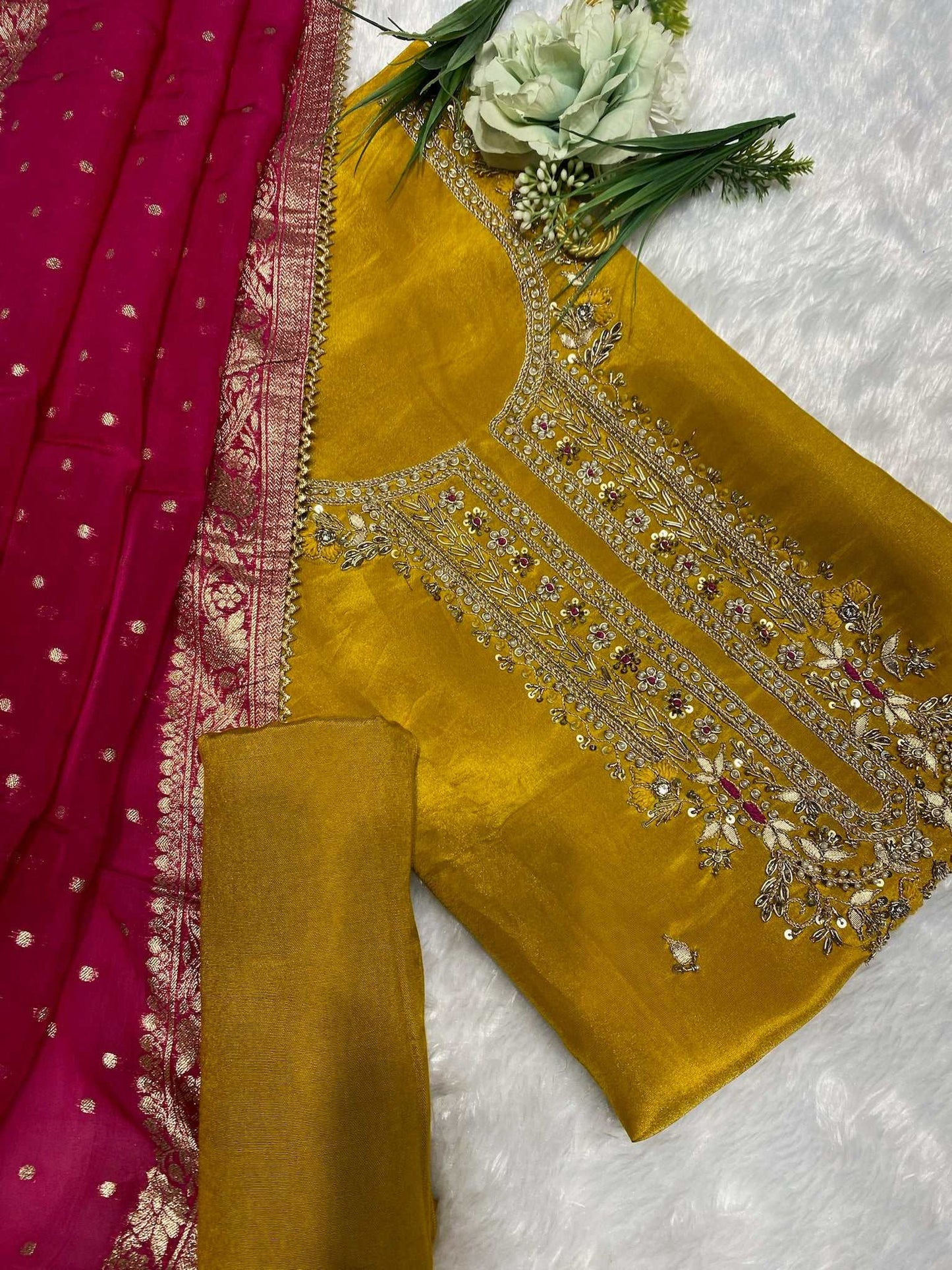 SOFT SILK MUSTARD SUIT PINK DUPTTA