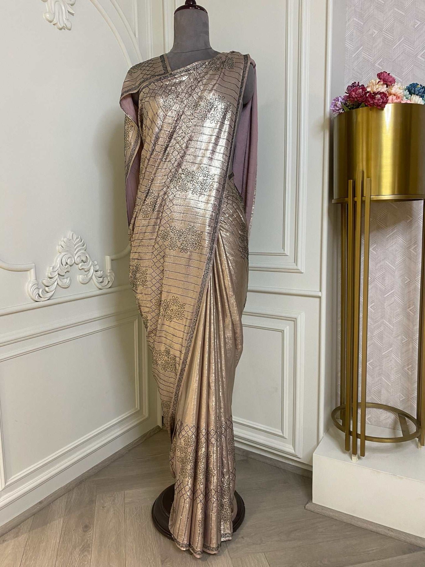 IMPORTED LYCRA SAREE WITH BLACK SIRVOSKI WORK