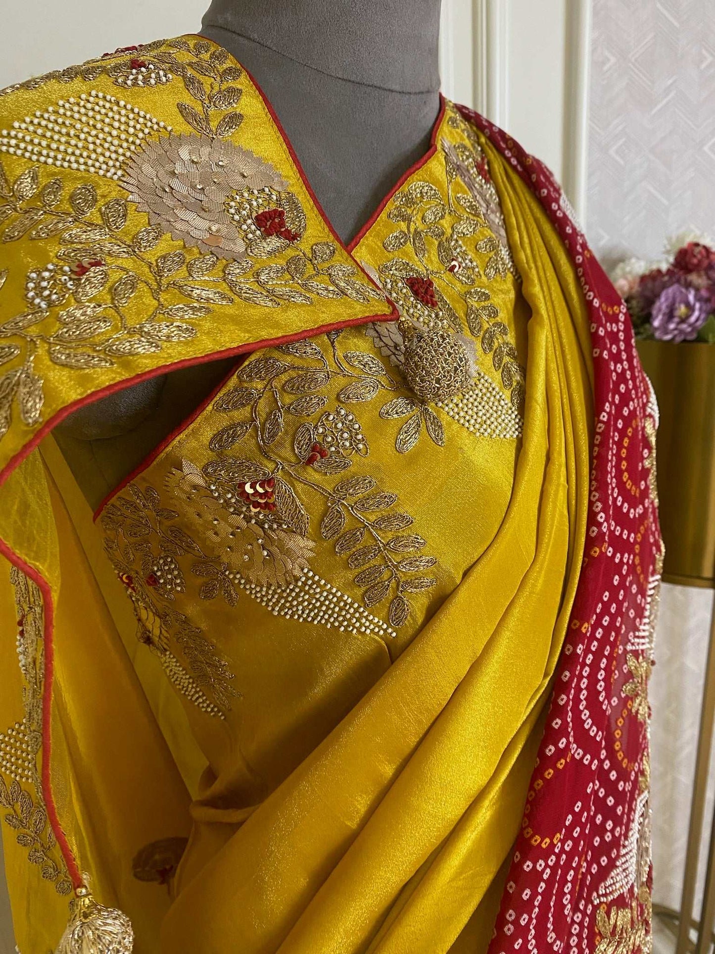 BANDHANI RED AND YELLOW SAREE WITH GOTA WORK