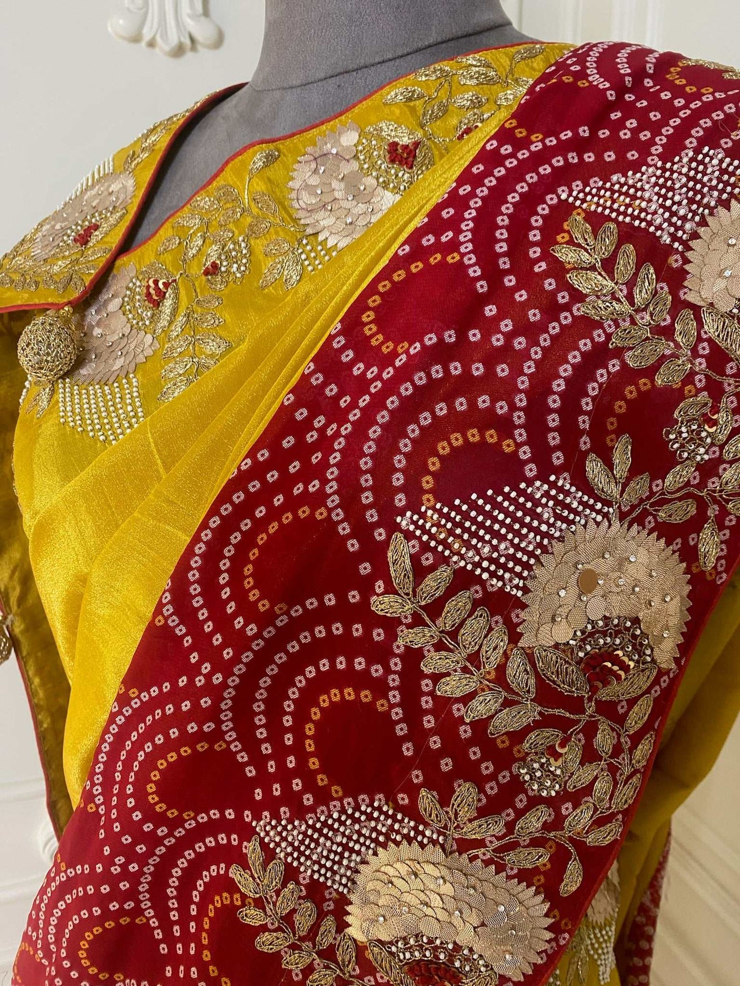 BANDHANI RED AND YELLOW SAREE WITH GOTA WORK