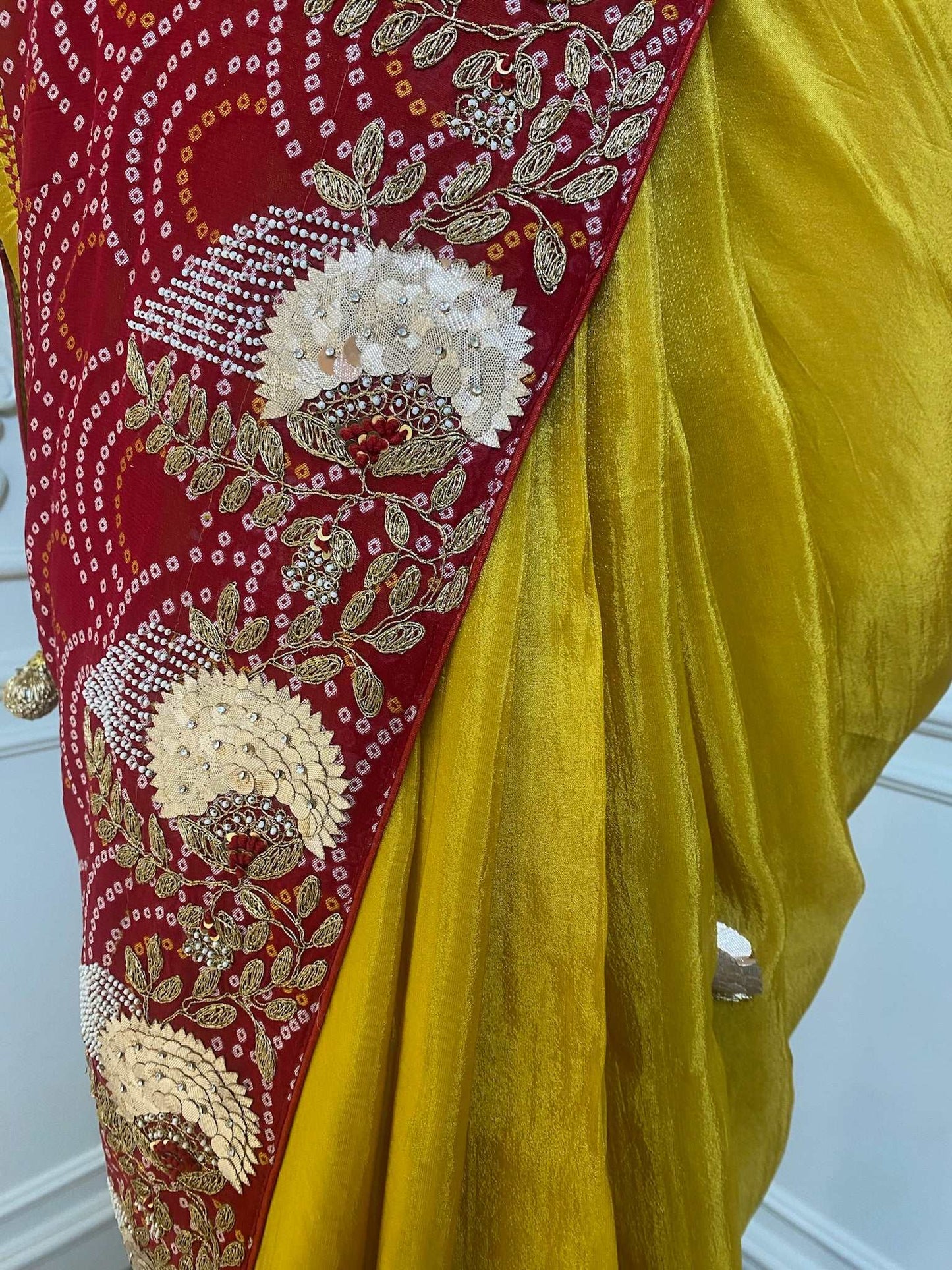 BANDHANI RED AND YELLOW SAREE WITH GOTA WORK