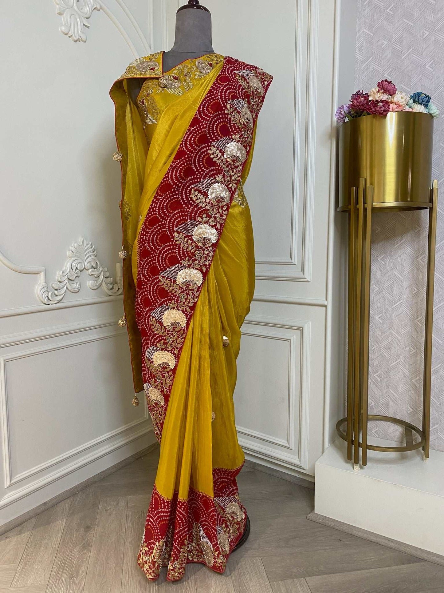 BANDHANI RED AND YELLOW SAREE WITH GOTA WORK