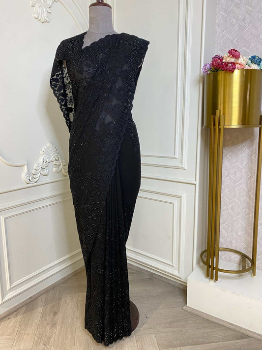 BLACK OVER ALL THREAD WORK JAAL SAREE